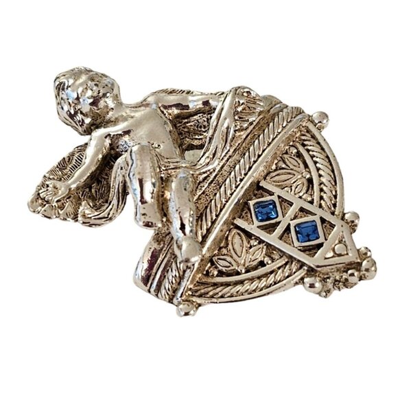 Vatican Library Silver Tone l Blue Rhinestone Cherub Angel Brooch, Signed L276 - Picture 4 of 8
